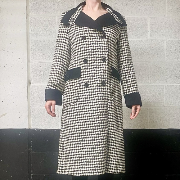 Black & White Long Houndstooth Pea Coat Size Small - Picture 1 of 8